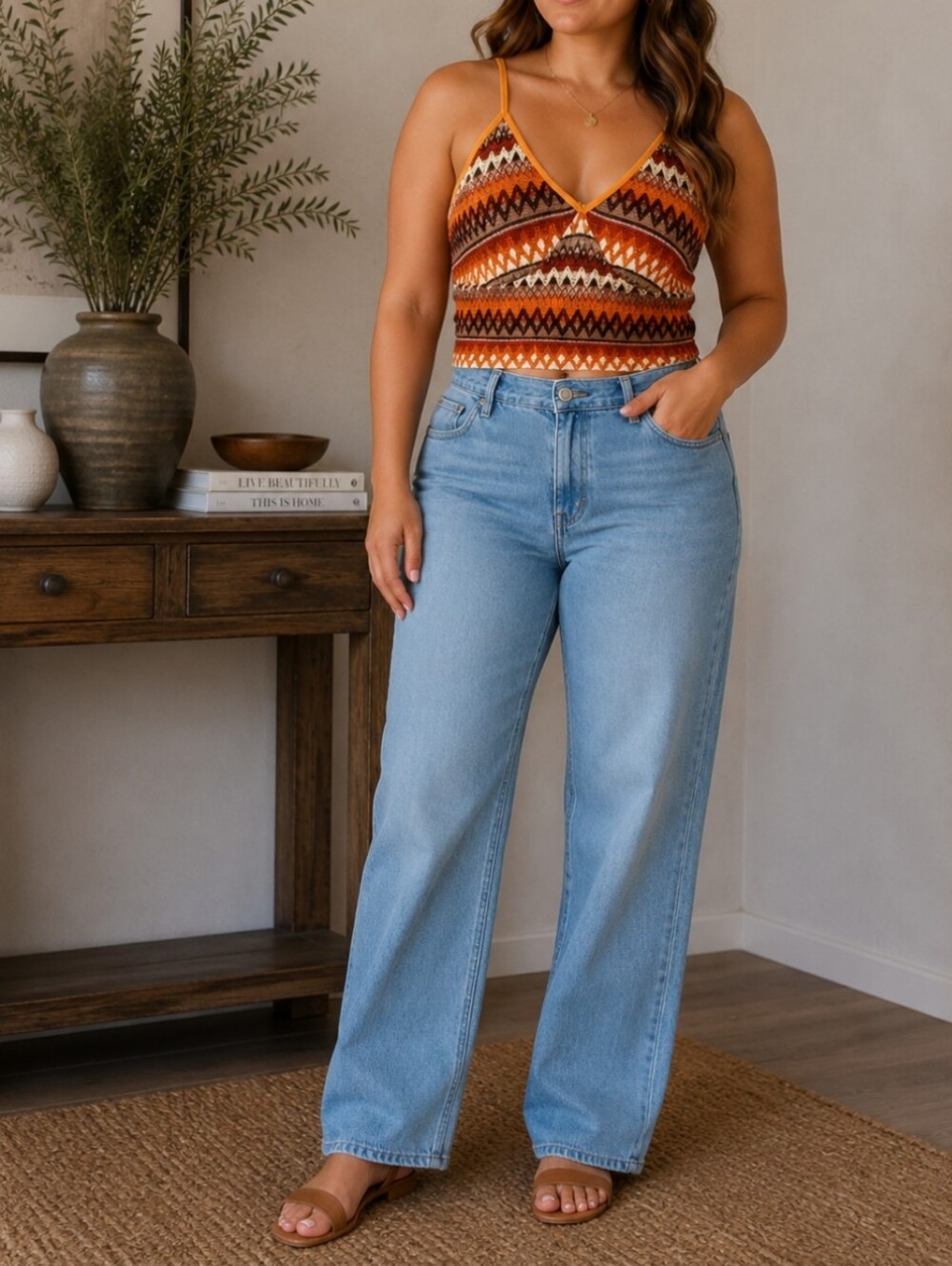 ROMWE Orange & Brown Zigzag Knit Crop Tank-Large
